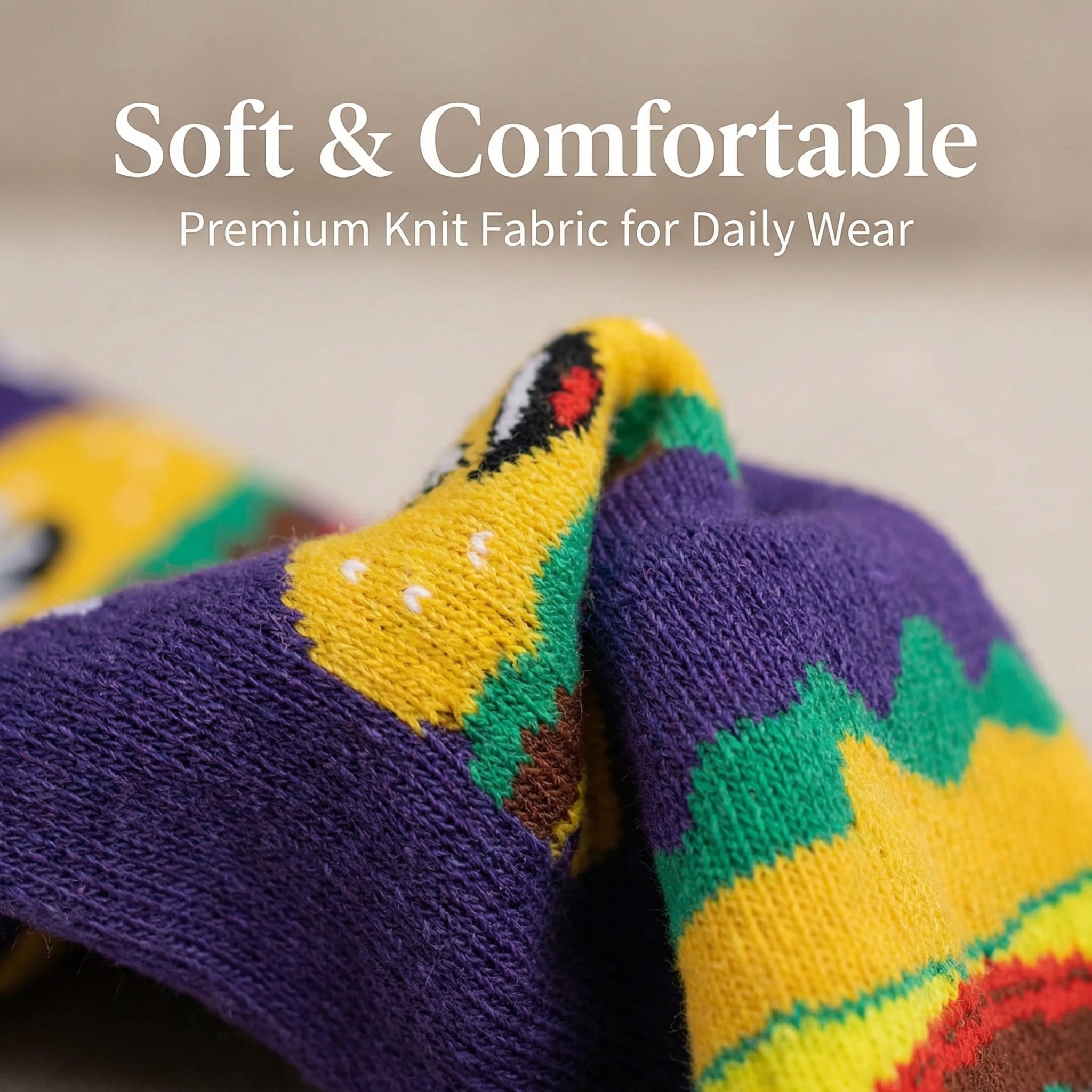 Colorful socks with a pattern on a neutral background, labeled 'Soft & Comfortable Premium Knit Fabric for Daily Wear'.