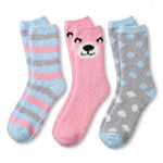 Three pairs of colorful socks with different patterns on a white background