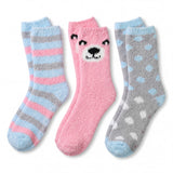Three pairs of colorful socks with different patterns on a white background