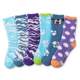 Set of colorful socks with various patterns on a white background