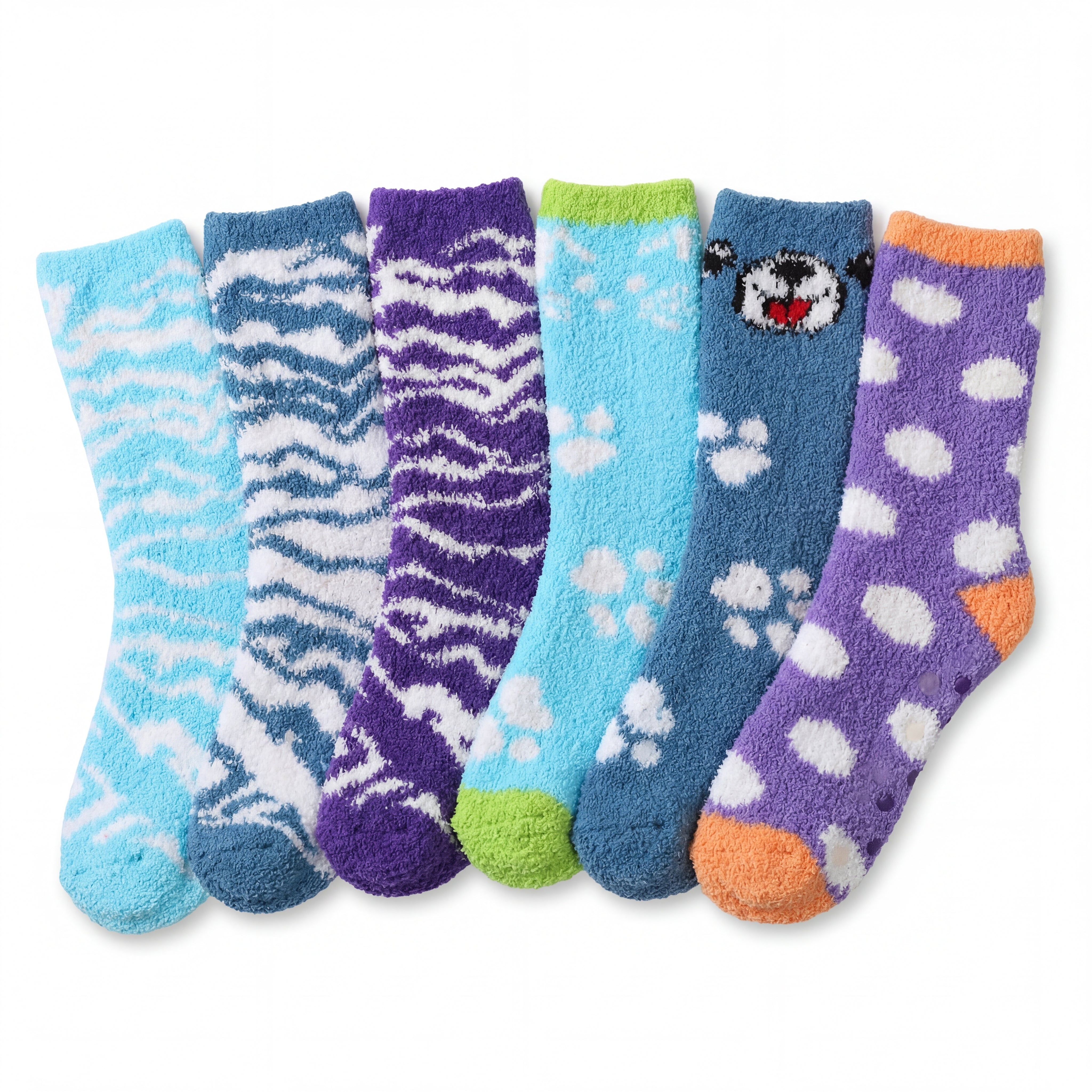 Set of colorful socks with various patterns on a white background
