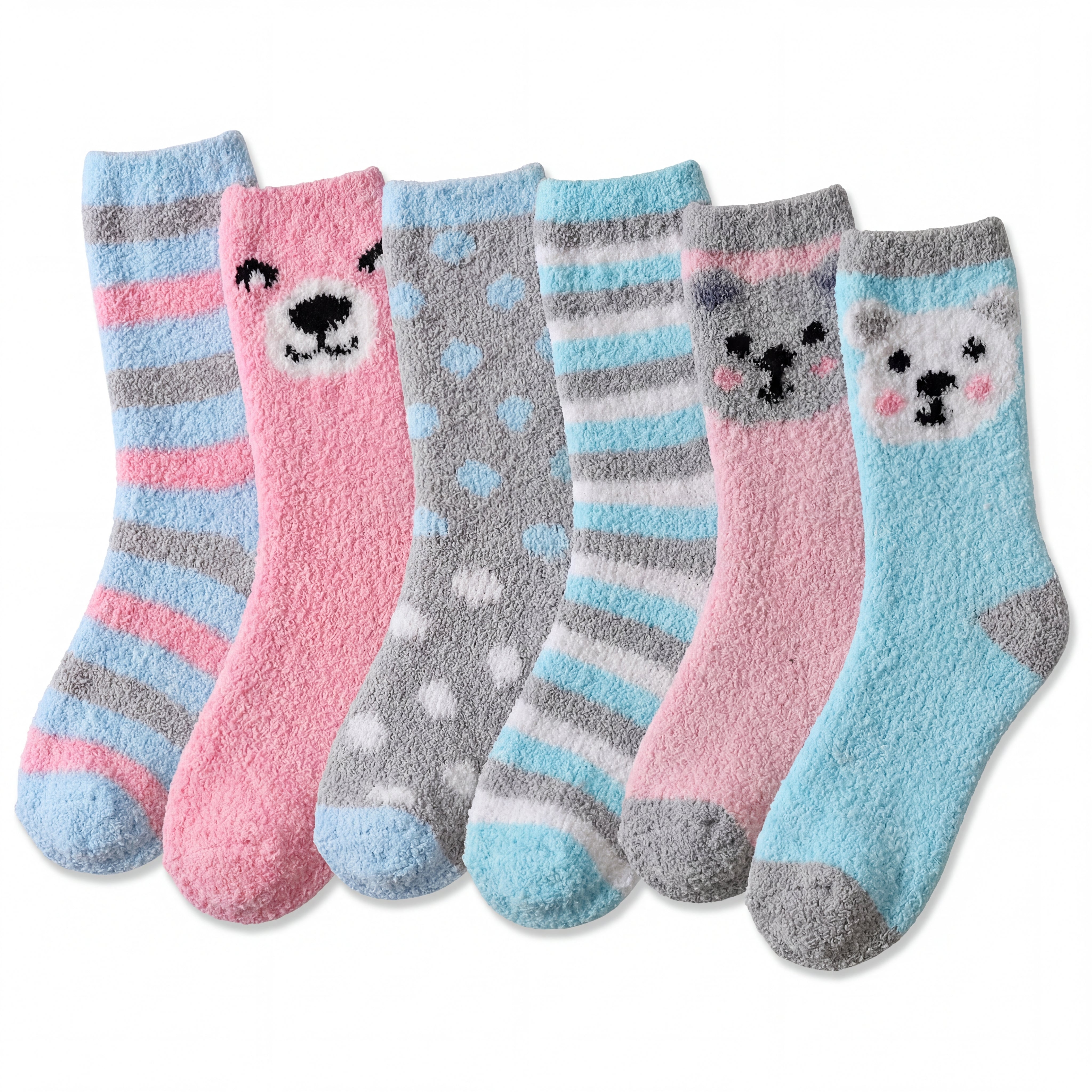 Set of six pairs of children's socks with animal faces on a white background