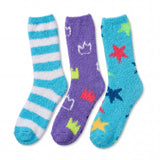 Three pairs of colorful socks with different patterns on a white background