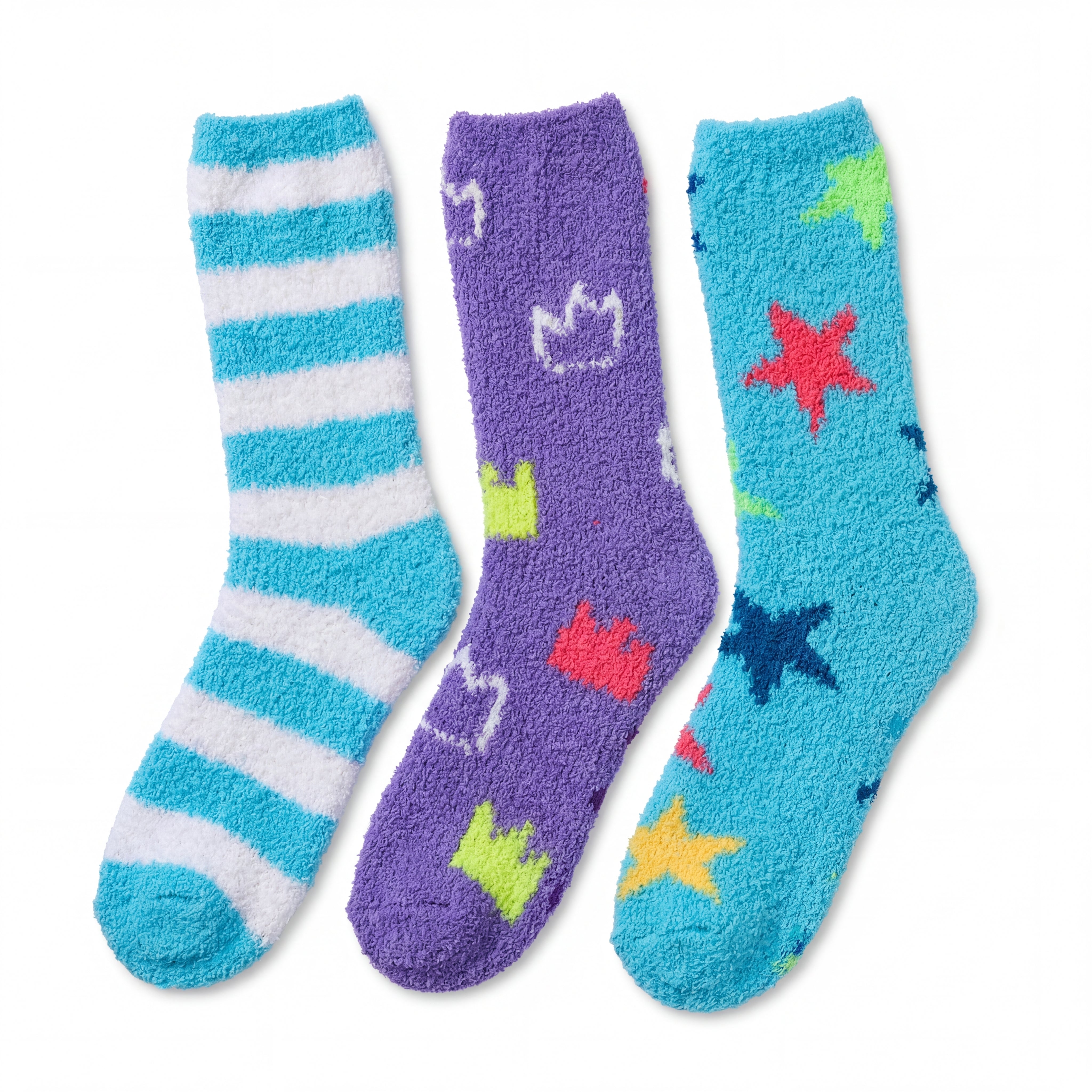 Three pairs of colorful socks with different patterns on a white background