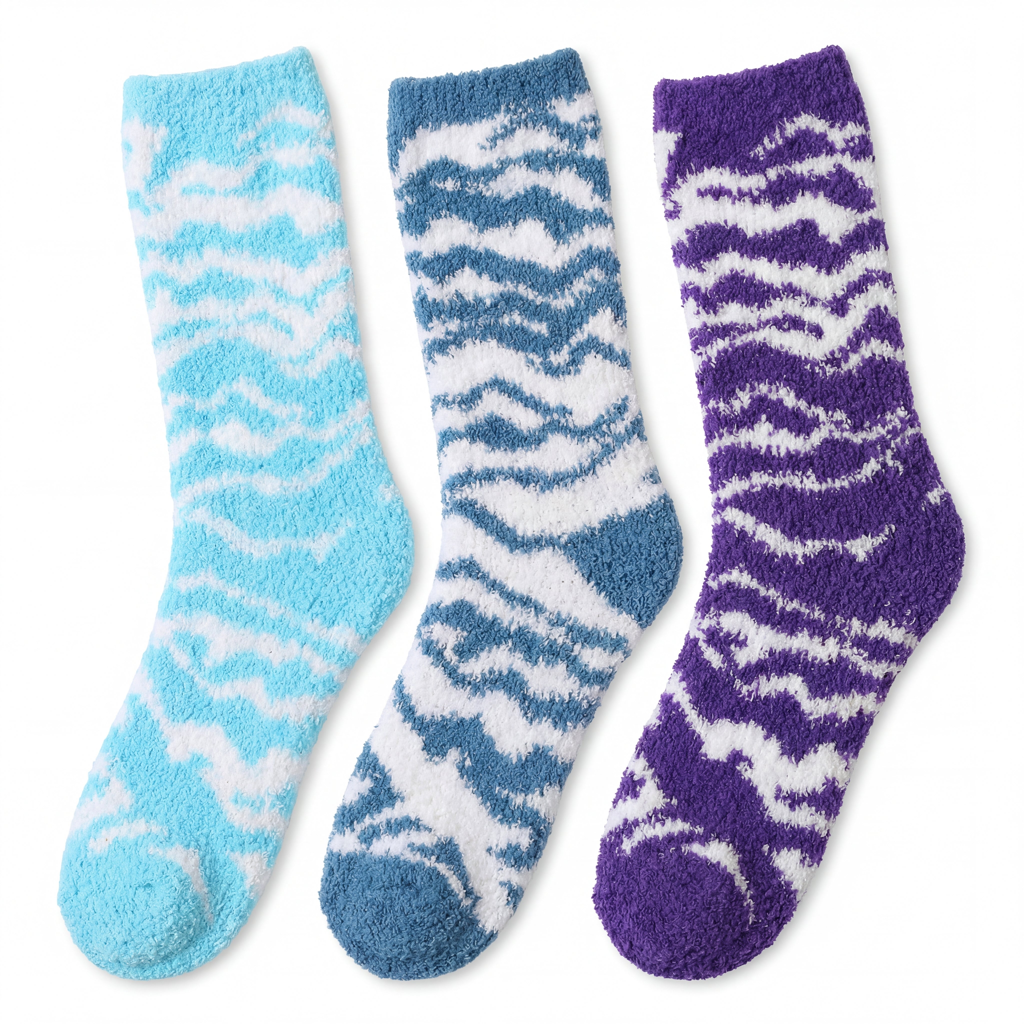 Three pairs of zebra-striped socks in blue, white, and purple on a white background.