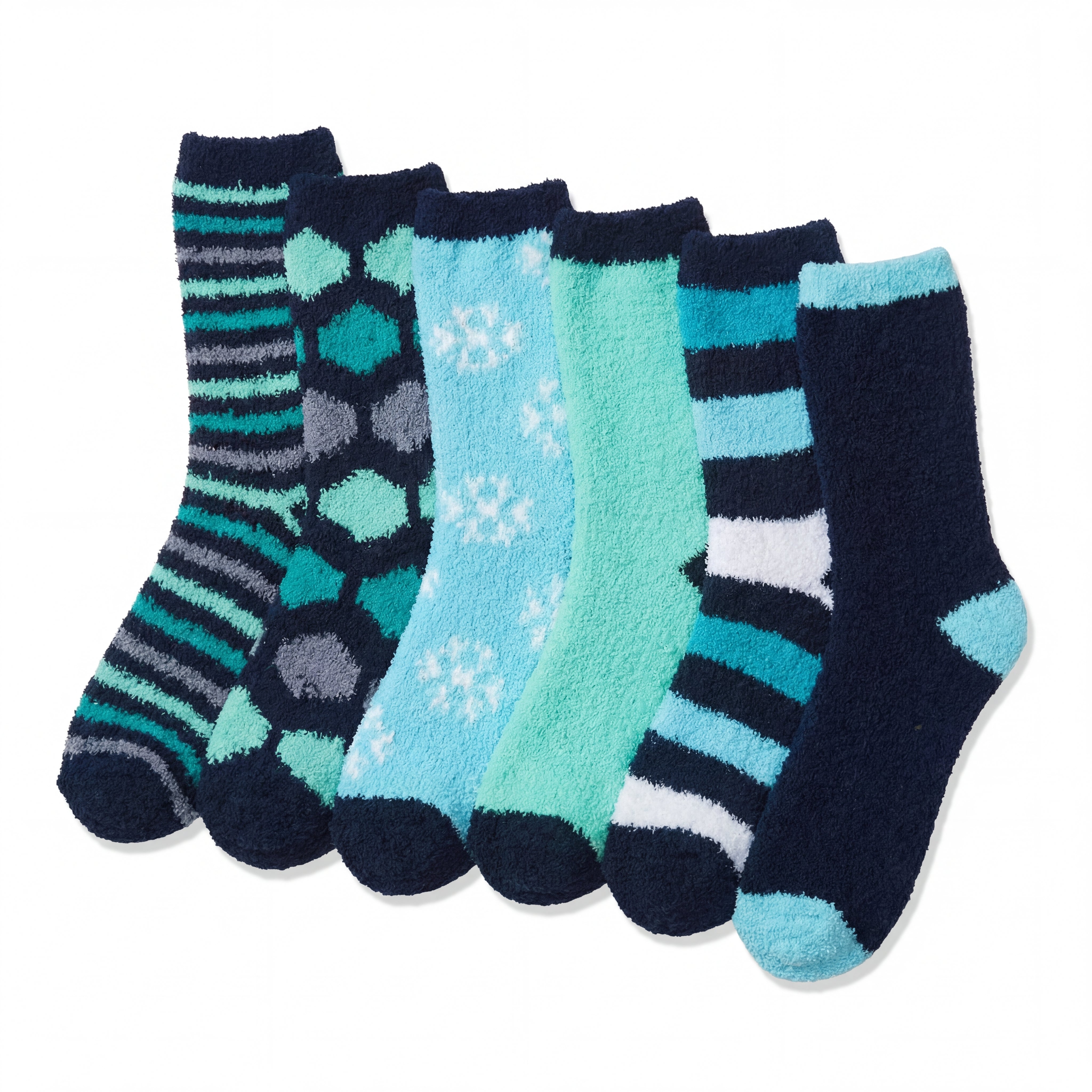 Set of six pairs of patterned socks on a white background