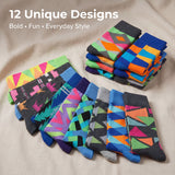 Colorful patterned socks with text '12 Unique Designs Bold Fun Everyday Style' on a beige background