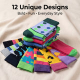 Stack of colorful patterned socks on a beige fabric background with text '12 Unique Designs Bold Fun Everyday Style'.