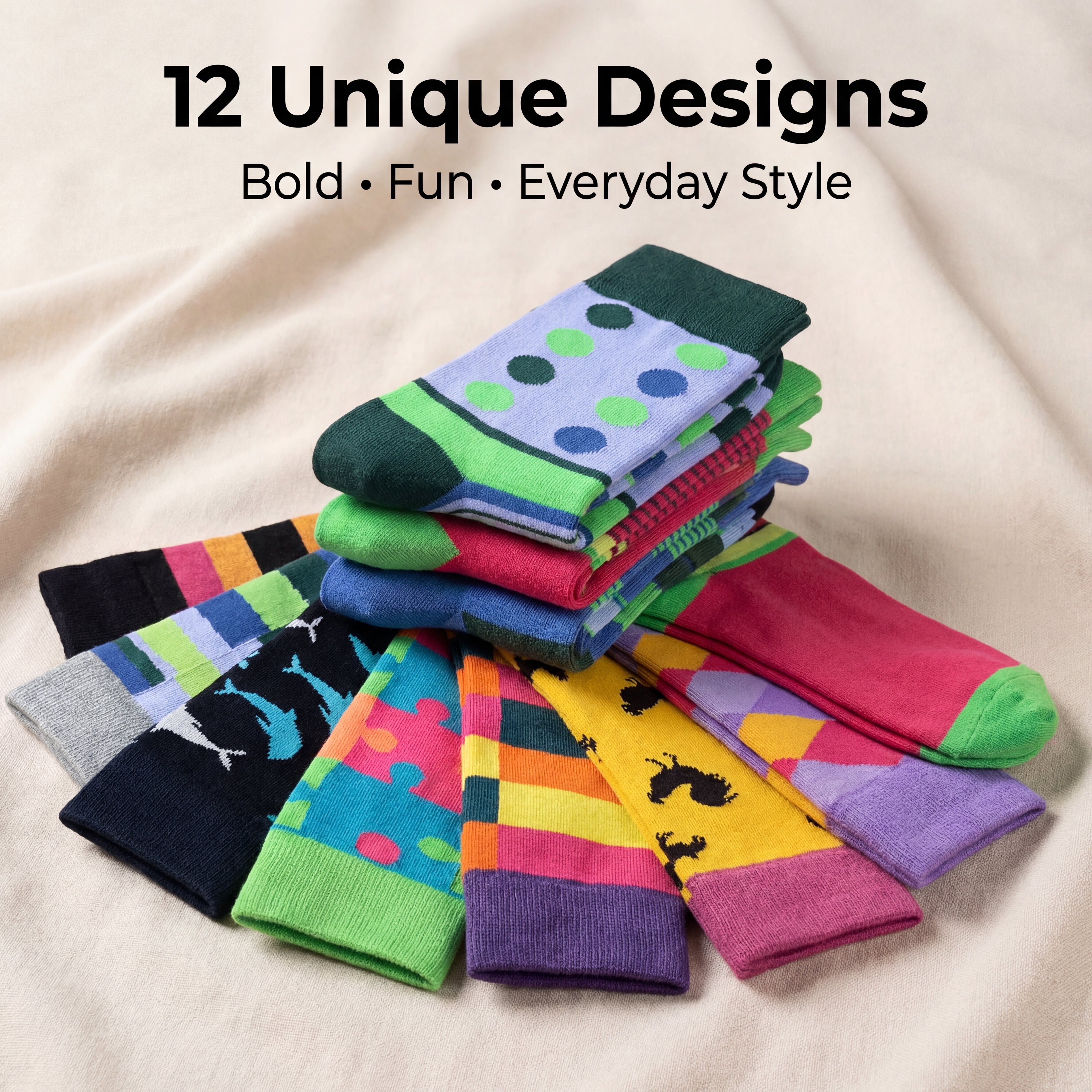 Stack of colorful patterned socks on a beige fabric background with text '12 Unique Designs Bold Fun Everyday Style'.