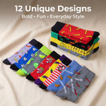 Assorted colorful socks with various patterns on a beige background