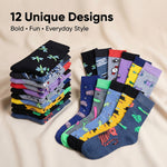 Stack of colorful socks with various designs on a beige background