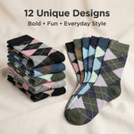 Stack of colorful patterned socks with text '12 Unique Designs Bold Fun Everyday Style' on a beige background