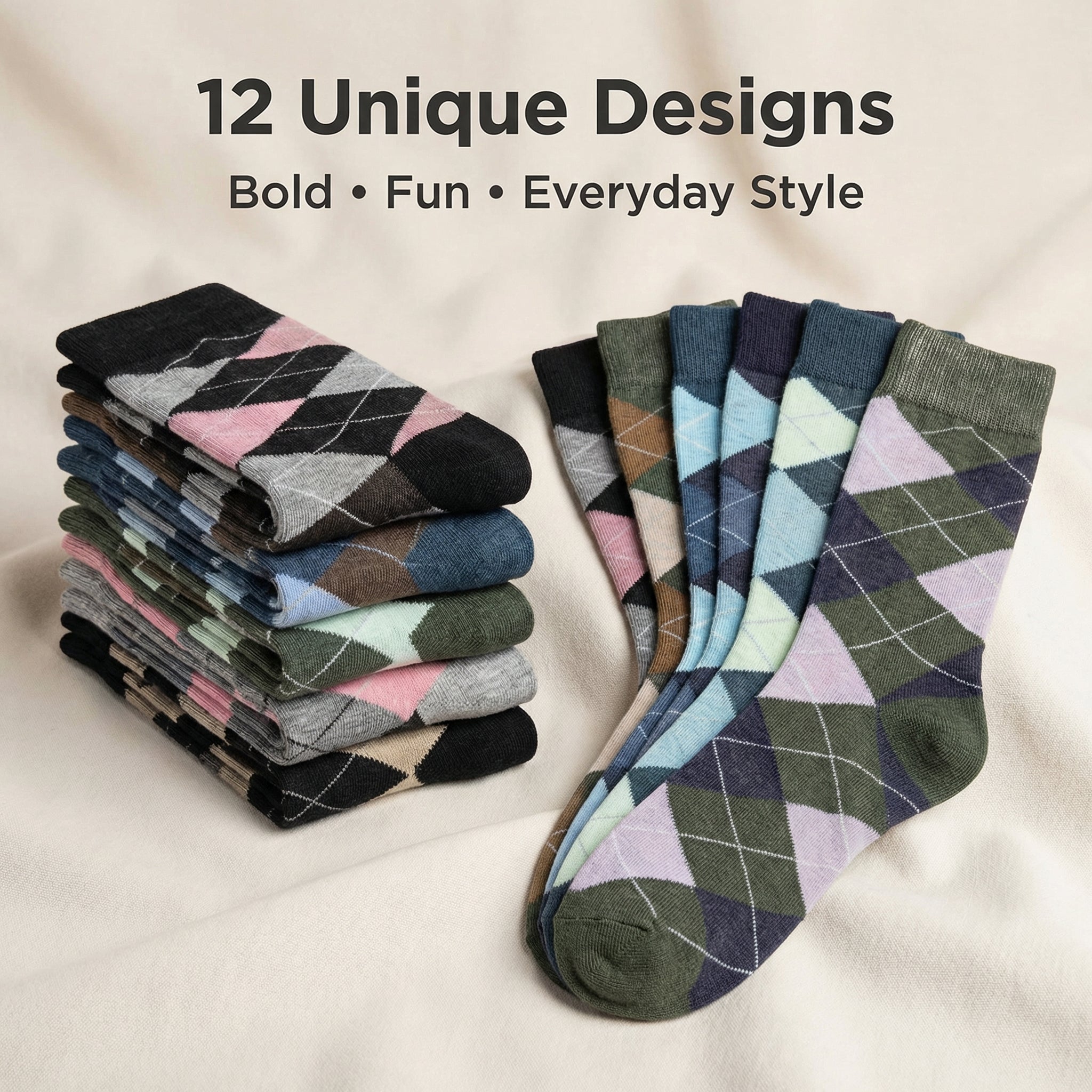 Stack of colorful patterned socks with text '12 Unique Designs Bold Fun Everyday Style' on a beige background