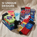 Colorful socks with cartoon designs on a beige fabric background