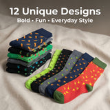 Stack of colorful patterned socks on a light fabric background with text '12 Unique Designs Bold Fun Everyday Style'.