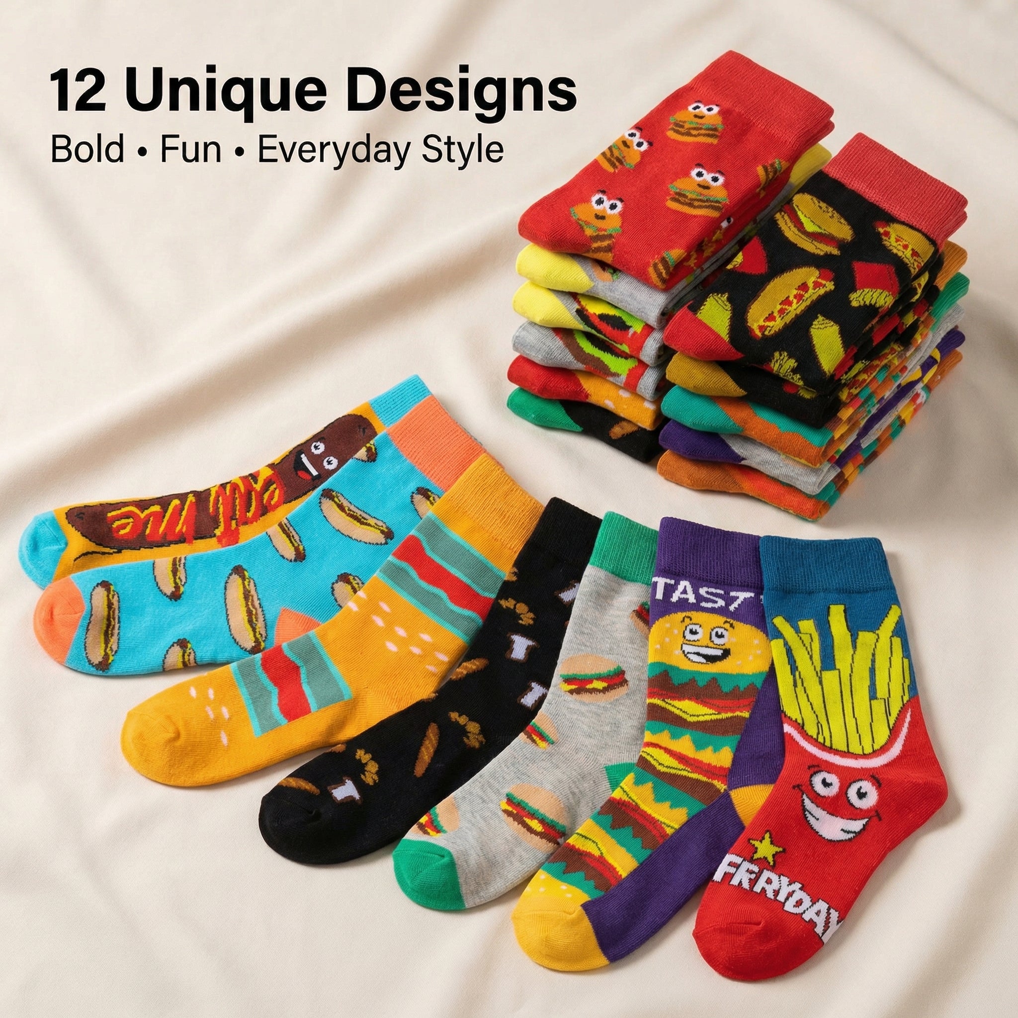 Colorful socks with various designs on a light background