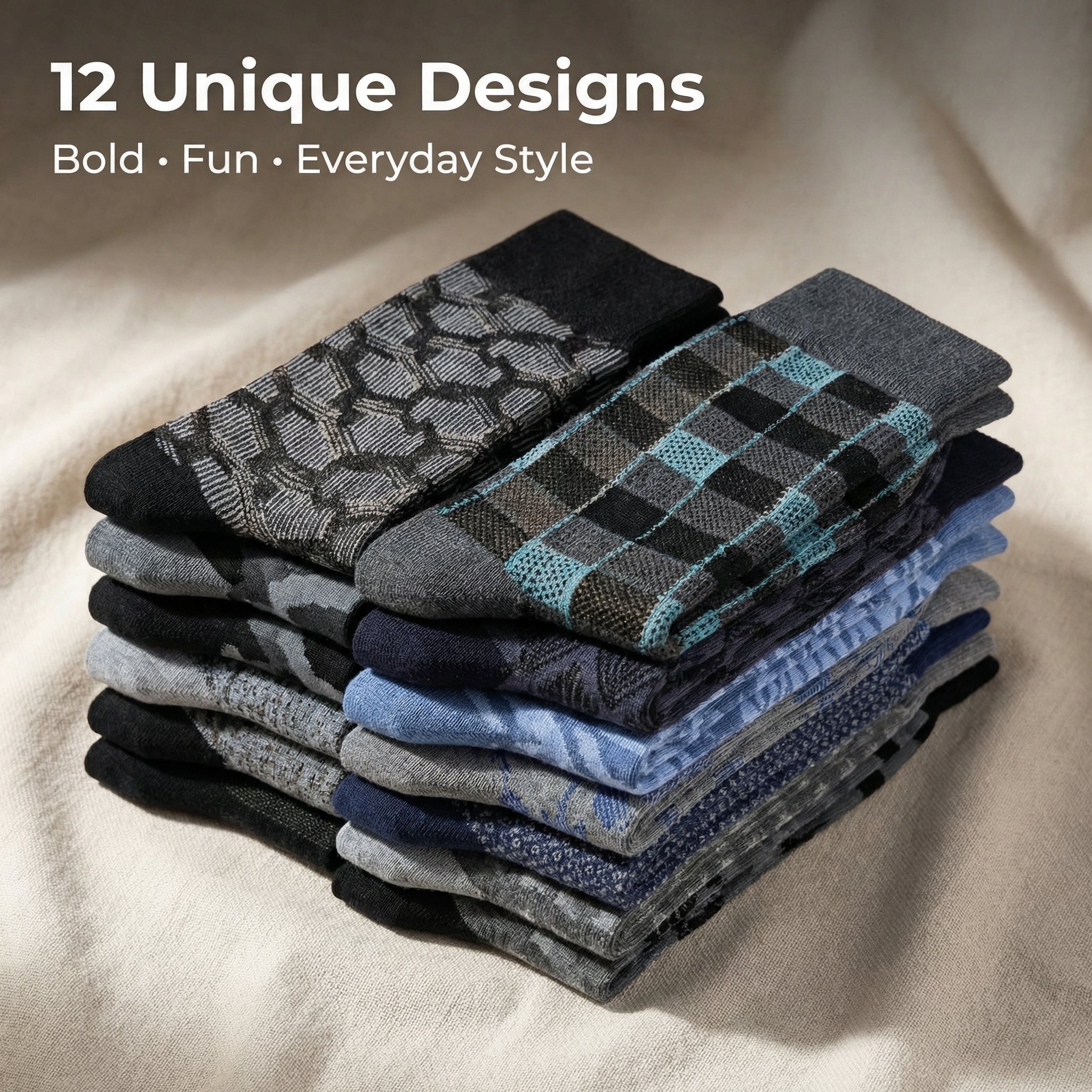 Stack of patterned socks on a beige fabric background with text '12 Unique Designs Bold Fun Everyday Style'.