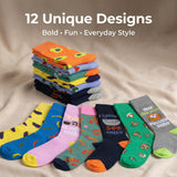 Stack of colorful socks with various designs on a beige fabric background