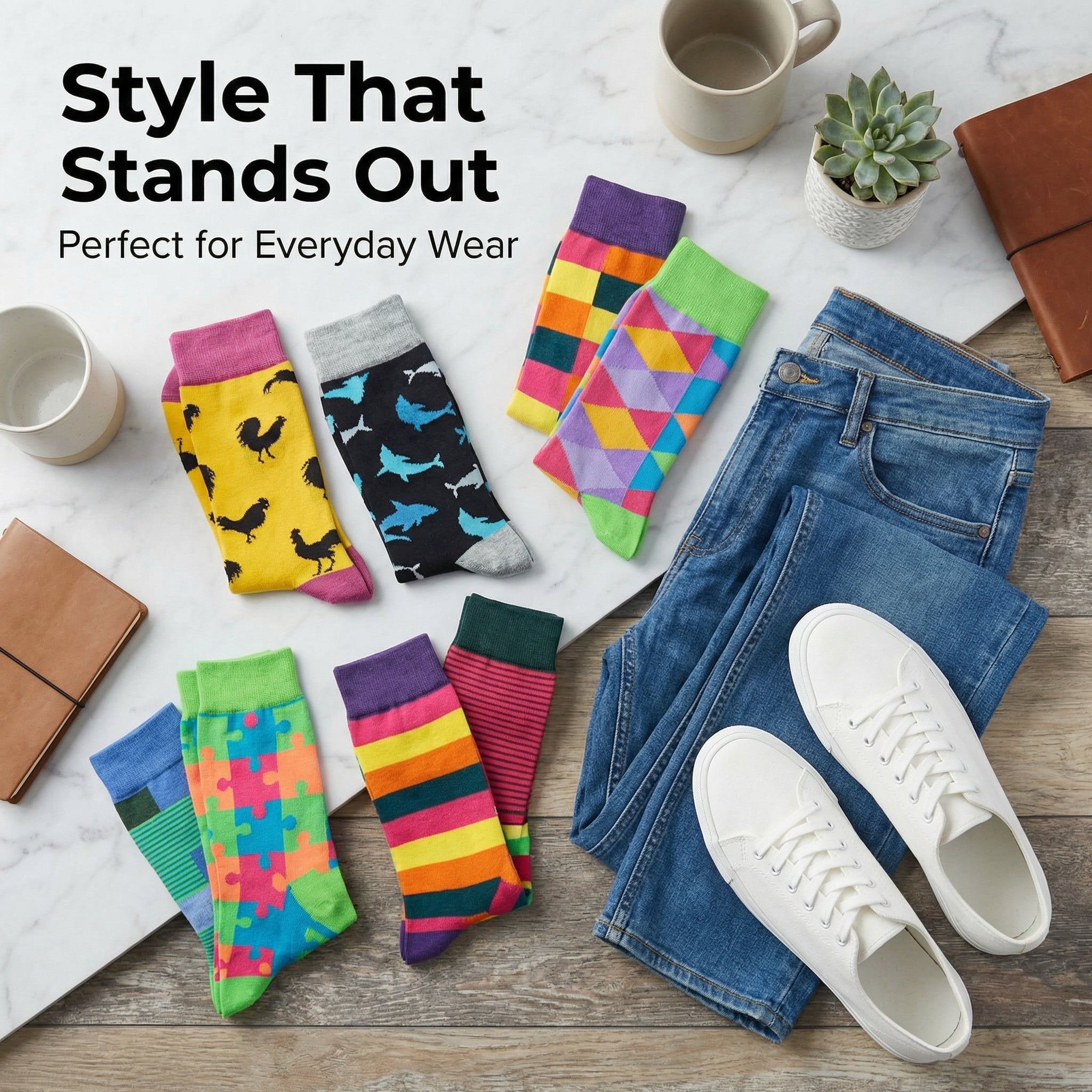 Colorful socks, jeans, and sneakers on a wooden surface with text 'Style That Stands Out Perfect for Everyday Wear'.