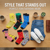 Colorful socks, jeans, and sneakers on a wooden surface with text 'Style That Stands Out Perfect for Everyday Wear'.