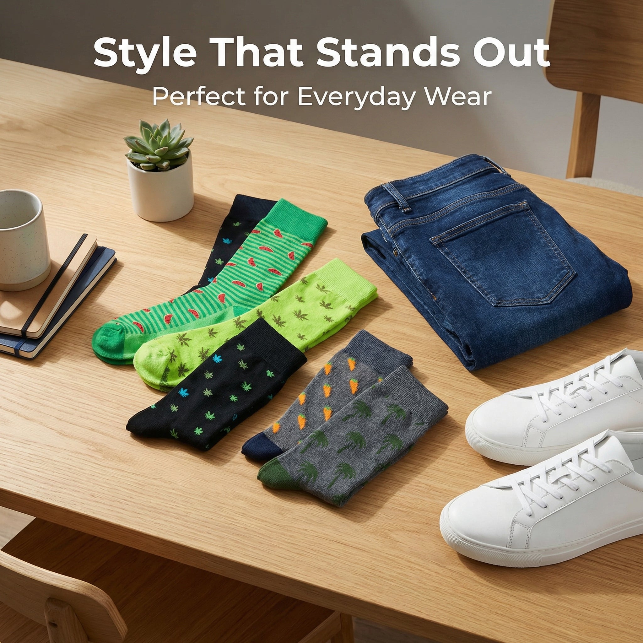 Folded jeans, colorful socks, and white sneakers on a wooden table with text 'Style That Stands Out Perfect for Everyday Wear'.