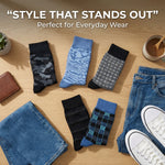 Collection of patterned socks with jeans and sneakers on a wooden surface, with text 'Style That Stands Out' and 'Perfect for Everyday Wear'.