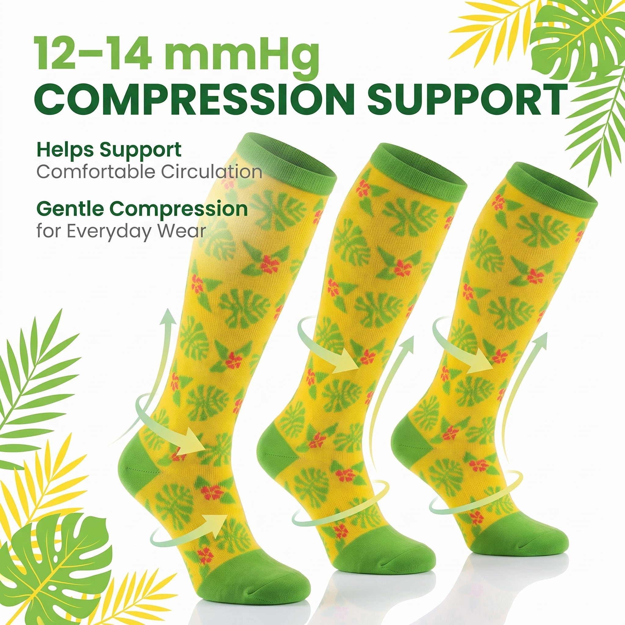 Three yellow compression socks with green tropical leaf and flower patterns, shown on a white background with promotional text and leaf graphics.