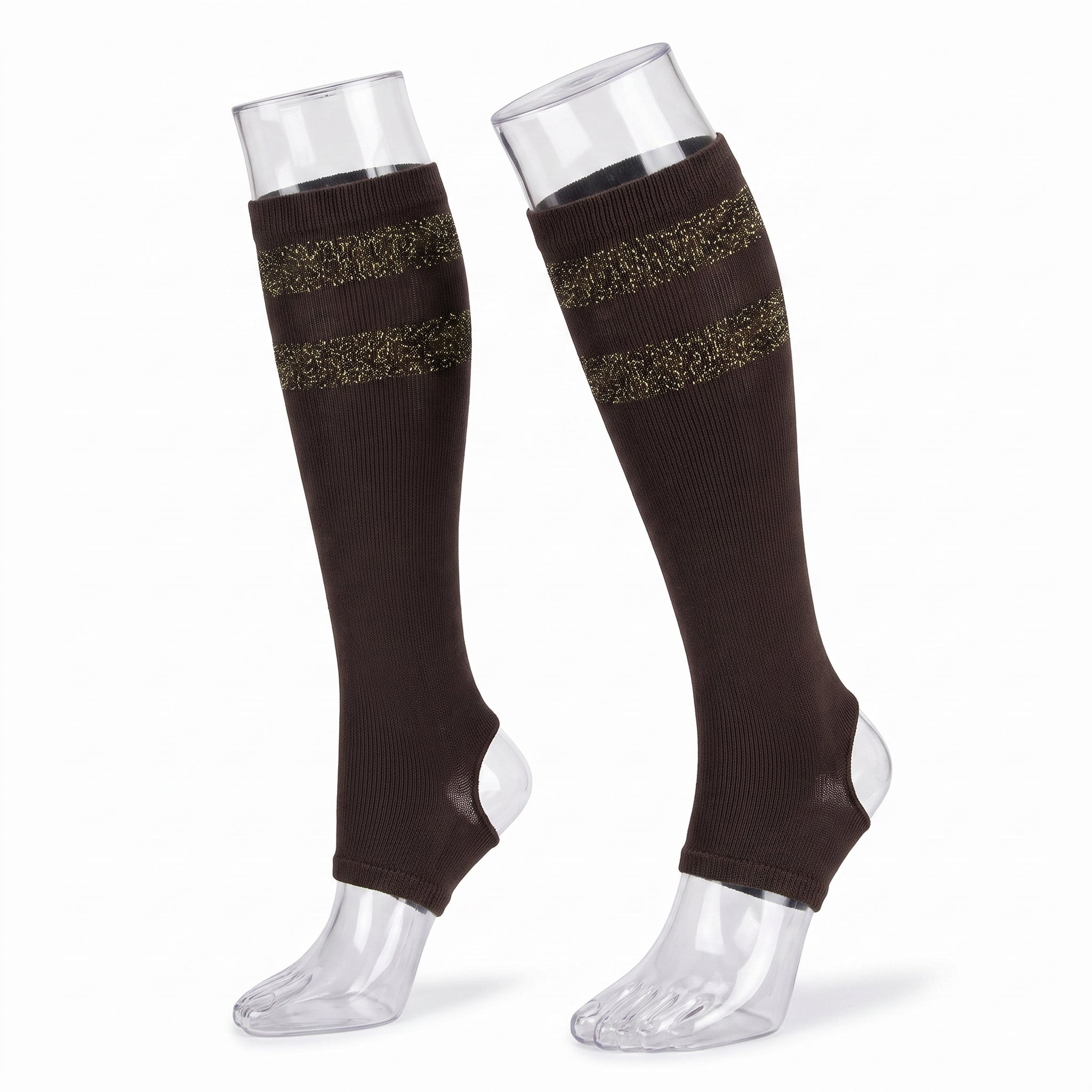 A pair of dark brown knee-high athletic socks with two horizontal textured gold stripes near the top, displayed on clear plastic lower-leg mannequin forms against a white background.
