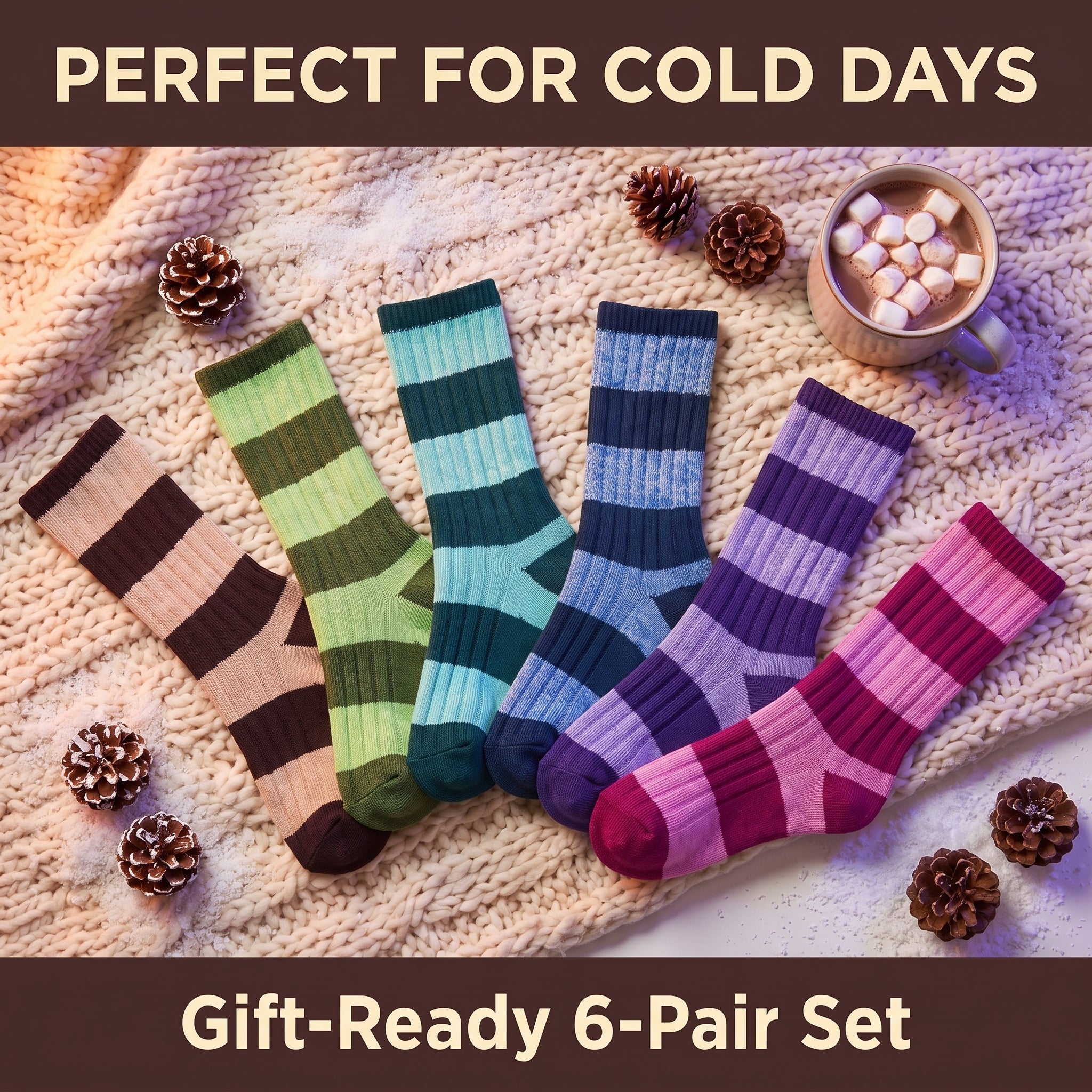 Six pairs of striped knit socks arranged on a cream knit blanket with pinecones and a mug of hot cocoa. Text at the top reads 'PERFECT FOR COLD DAYS' and text at the bottom reads 'Gift-Ready 6-Pair Set'.