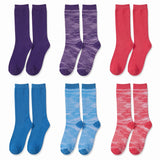 Six pairs of crew socks arranged in a 2x3 grid on a white background, including solid purple, purple marled, solid red, blue, light blue marled, and red marled styles.