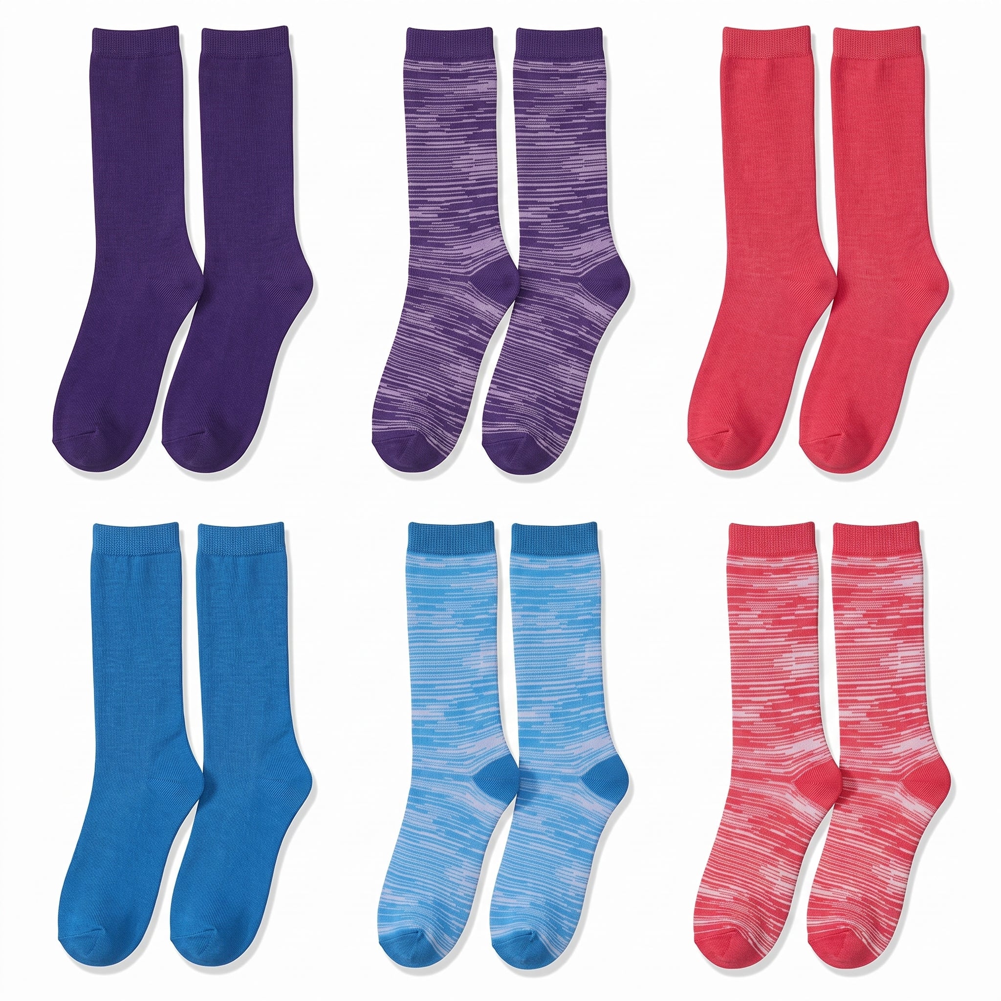 Six pairs of crew socks arranged in a 2x3 grid on a white background, including solid purple, purple marled, solid red, blue, light blue marled, and red marled styles.