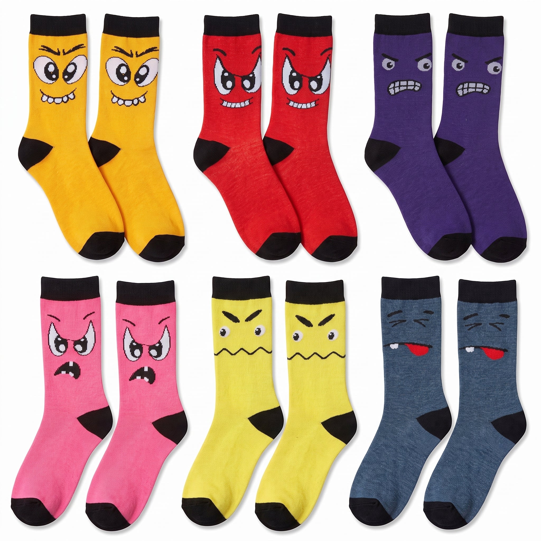 Eight pairs of novelty socks arranged in a 2x4 grid on a white background. Each pair features a different cartoon face design in various colors including yellow, red, purple, pink, and blue-gray, with black heels, toes, and cuffs.