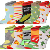 Eight pairs of colorful low-cut ankle socks arranged in two rows on a plain white background. The socks feature various playful patterns including eggs, stripes, tacos, lemons, pizza slices, cacti, and the text 'BRING ME A PLATTER'.