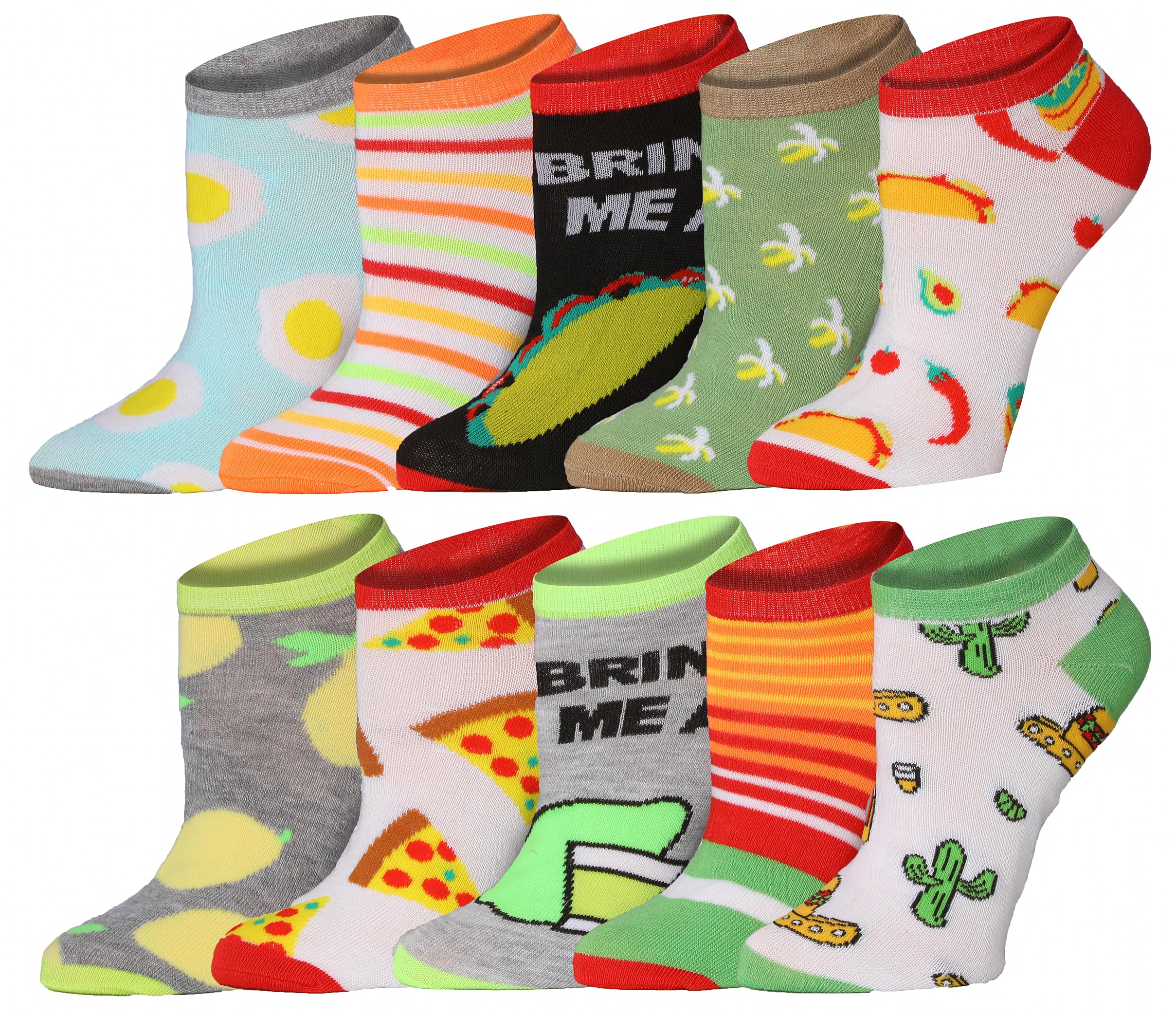 Eight pairs of colorful low-cut ankle socks arranged in two rows on a plain white background. The socks feature various playful patterns including eggs, stripes, tacos, lemons, pizza slices, cacti, and the text 'BRING ME A PLATTER'.