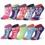 Eight pairs of low-cut ankle socks arranged in two rows on a white background. Each sock features a different vibrant color and a bold white motivational text design on the side.