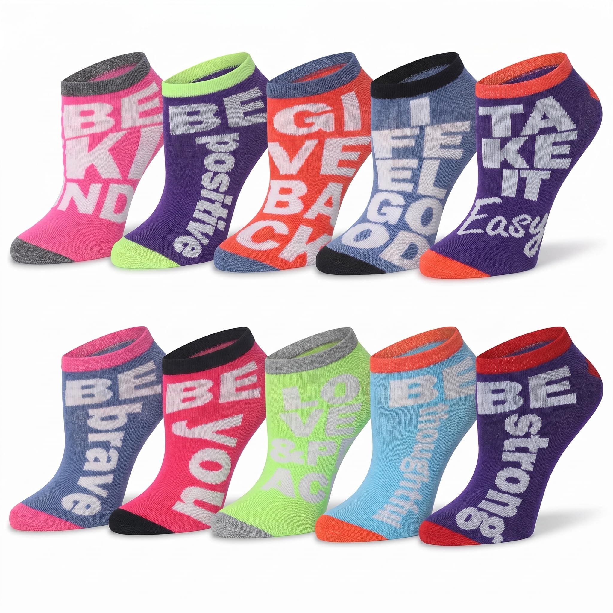 Eight pairs of low-cut ankle socks arranged in two rows on a white background. Each sock features a different vibrant color and a bold white motivational text design on the side.