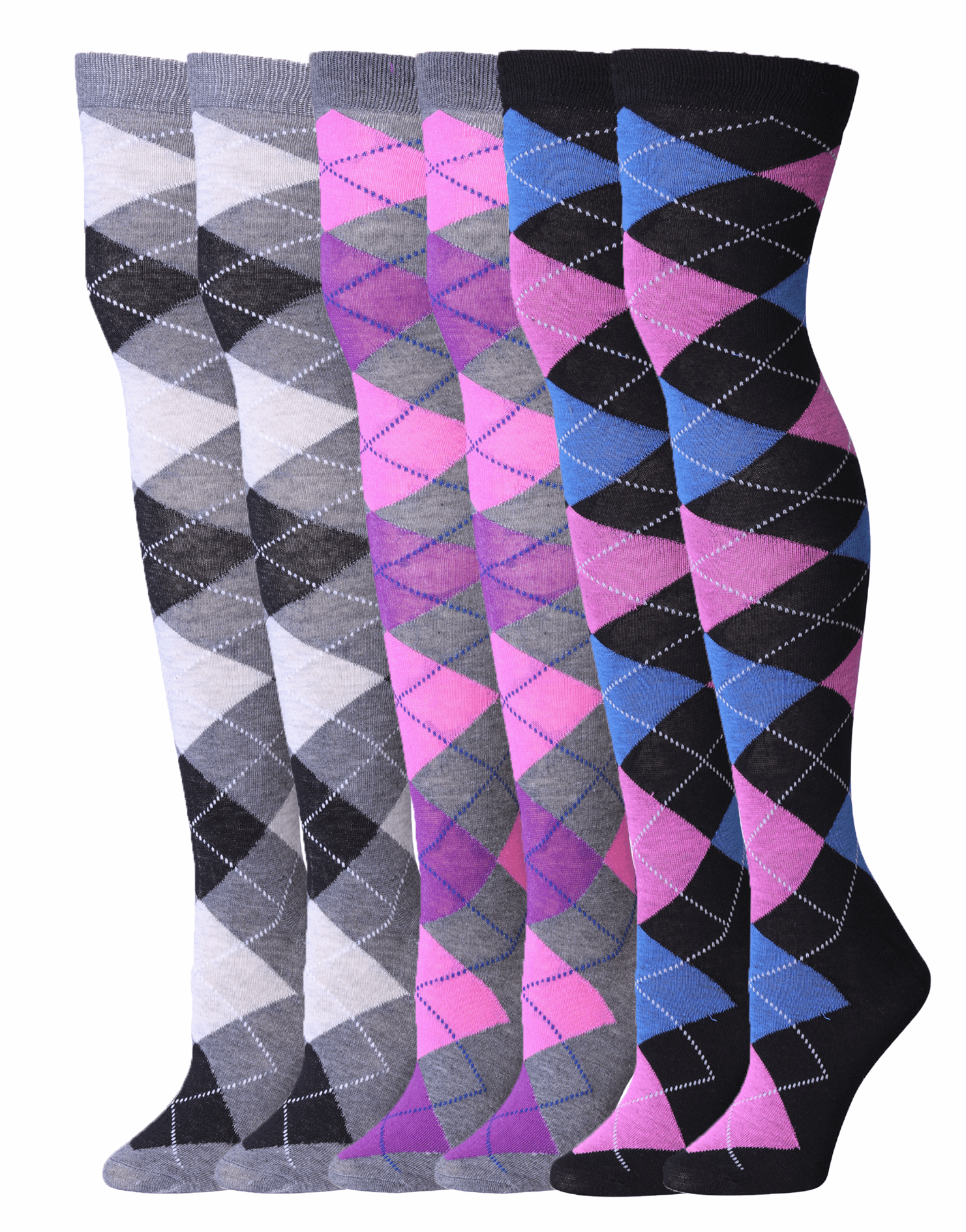 Argyle Blue Pink Red-Yellow & Grey Black Over The Knee High Socks - 3 Pairs