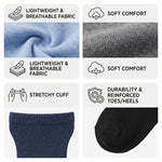 Feature comparison graphic for socks showing six panels with icons and text: lightweight and breathable fabric in light blue and heather gray, soft comfort, stretchy cuff, and durability with reinforced toes and heels on a black sock.