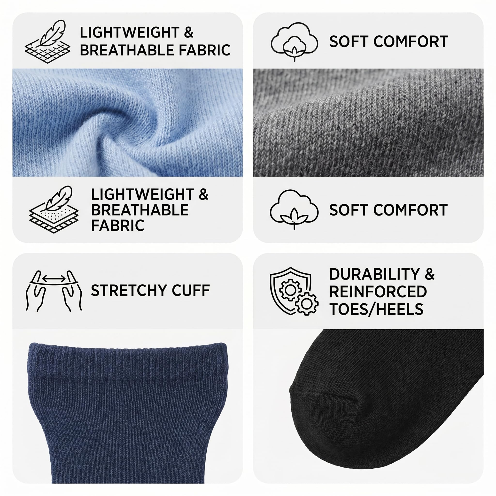 Feature comparison graphic for socks showing six panels with icons and text: lightweight and breathable fabric in light blue and heather gray, soft comfort, stretchy cuff, and durability with reinforced toes and heels on a black sock.