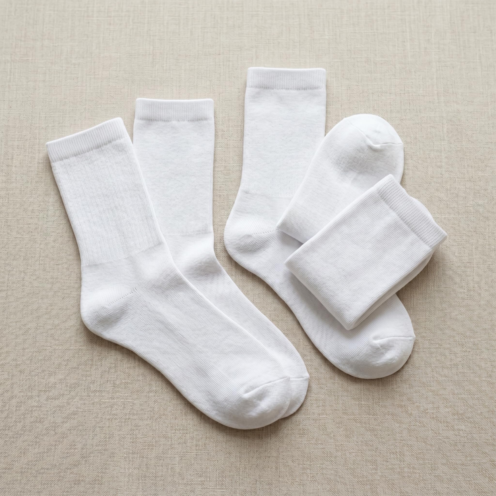Four pairs of plain white crew socks arranged on a light beige textured fabric background.