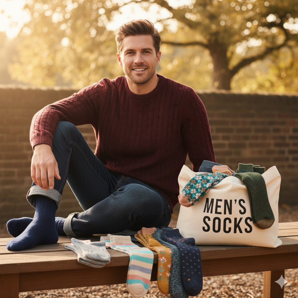 Man sitting outdoors with a bag of men's socks