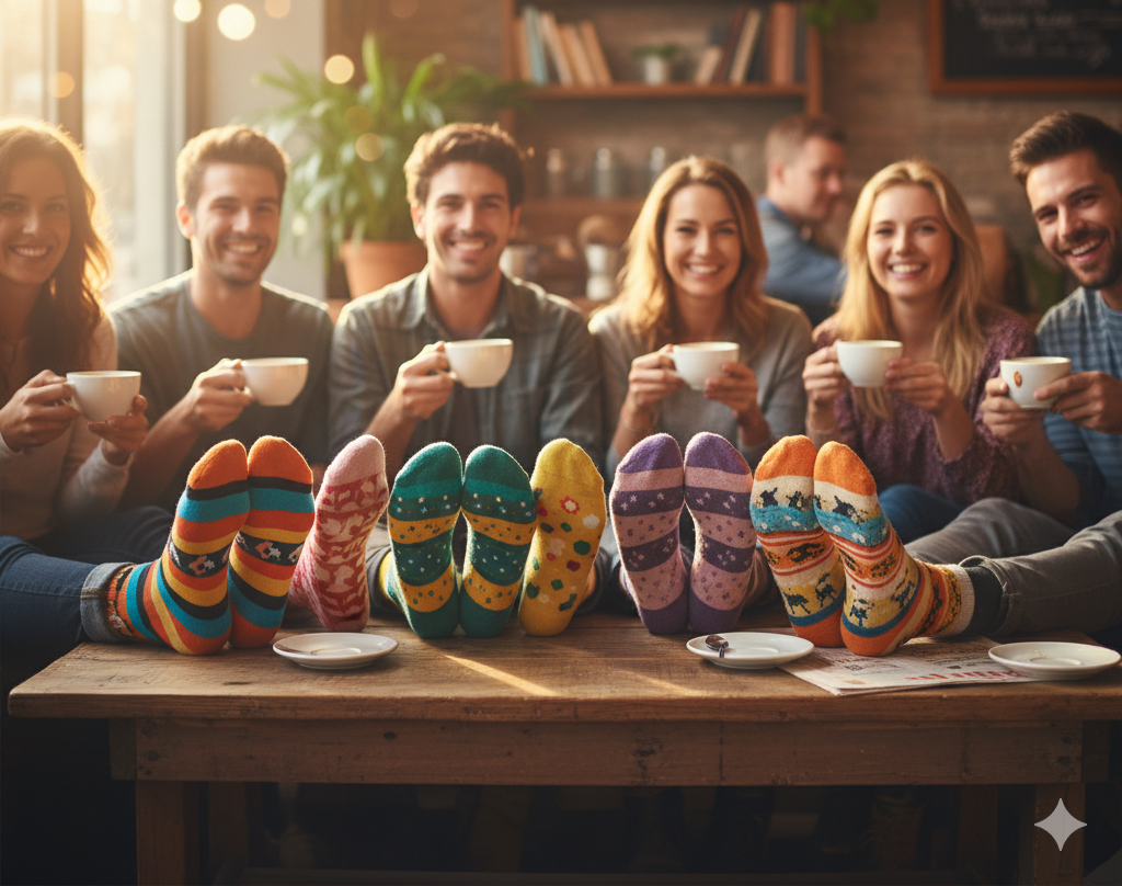 Group of people sitting around a table with colorful socks on, holding cups in a cozy indoor setting.