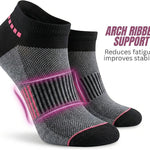 Gray and black ankle socks with pink accents on a white background