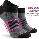 Gray and black ankle socks with pink accents on a white background