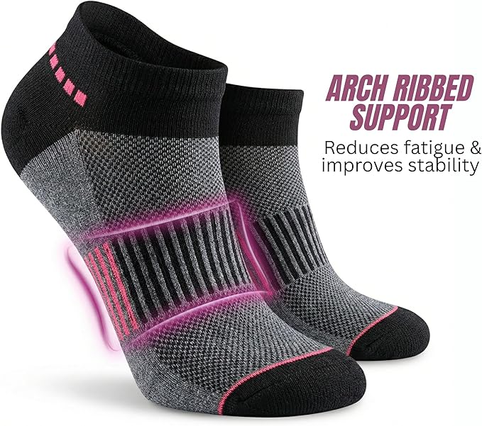Gray and black ankle socks with pink accents on a white background