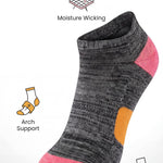 Gray and pink sock with arch support and cushioned sole features on a white background