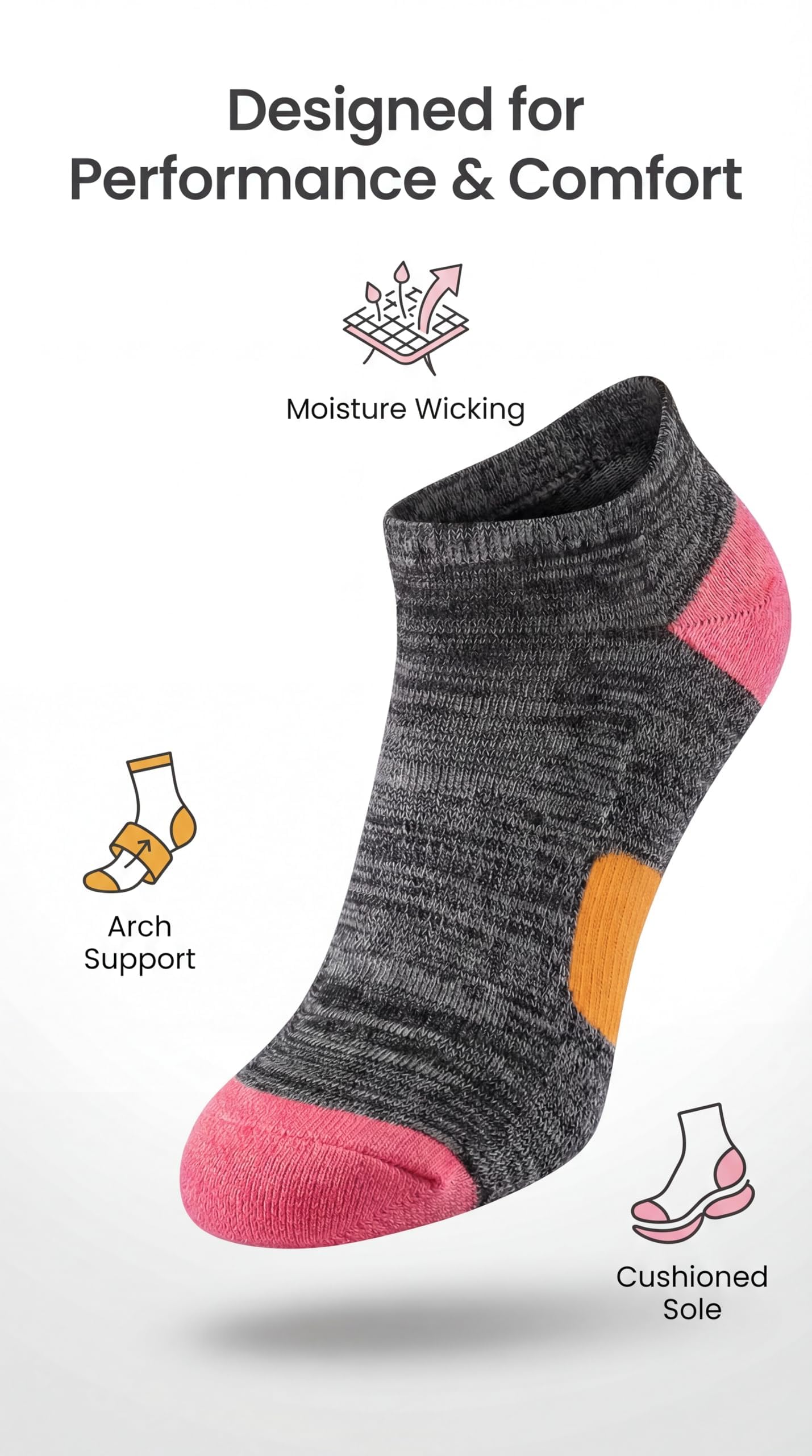 Gray and pink sock with arch support and cushioned sole features on a white background