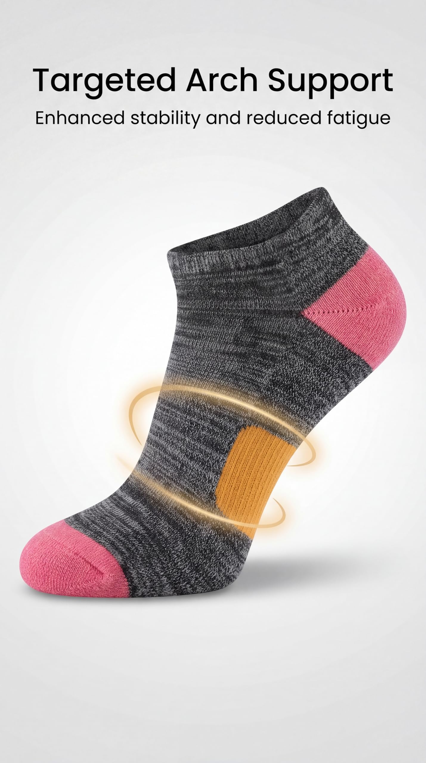 Gray and pink sock with arch support on a light gray background