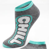 Gray ankle sock with teal trim and 'CHILL' text on a white background