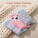 Stack of colorful socks with a cartoon design on a textured surface, featuring text 'Cozy Color Variety' and 'Soft Warm Stylish'.
